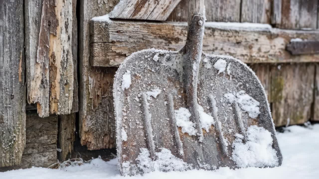 Pala da neve gelata appoggiata contro una vecchia recinzione di legno
