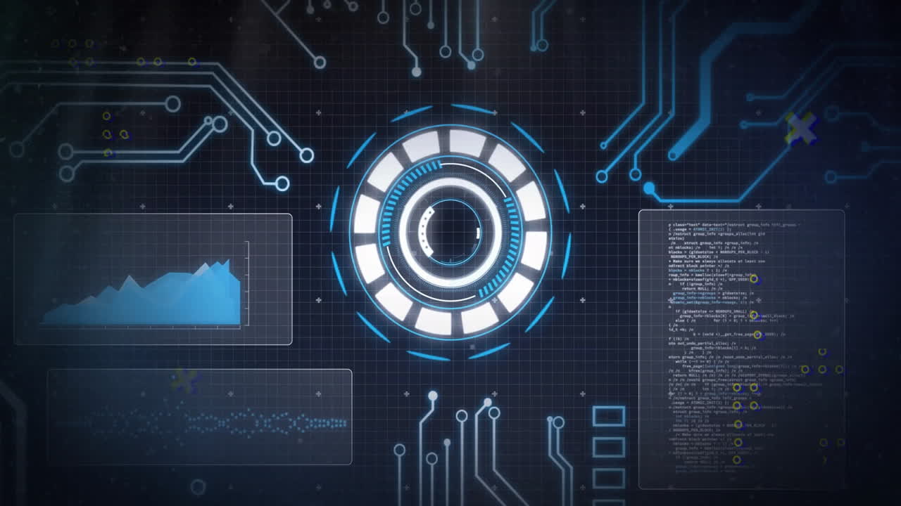 Displaying futuristic digital interface with data charts and coding animation