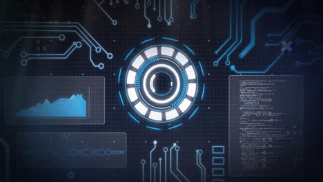 displaying futuristic digital interface with data charts and coding animation