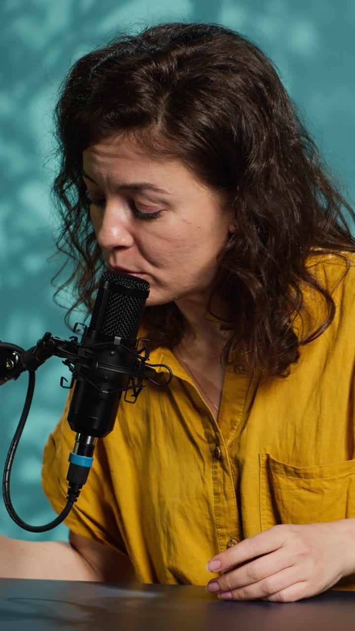 Donna che registra un podcast in studio con microfono