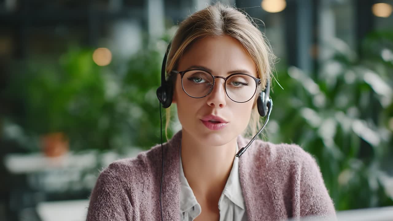 Engasjerende kundestøtterepresentant i et lyst arbeidsområde som viser profesjonalitet og tilgjengelighet med et varmt smil og headset