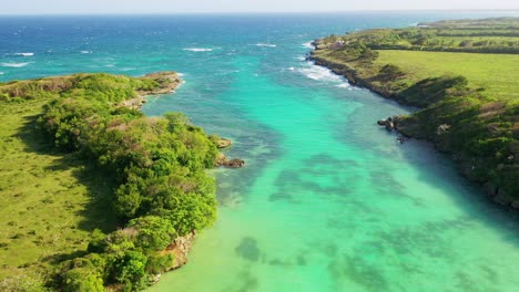 epic flight above turquoise shallow water in estuary by blue crisp ocean and view of green lush trees and landscape on river edge, overhead circle aerial