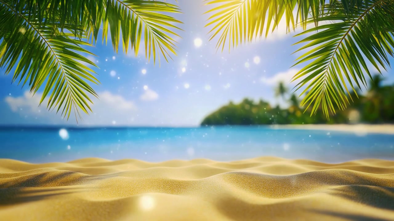 Sunny Tropical Beach View Framed by Palm Leaves