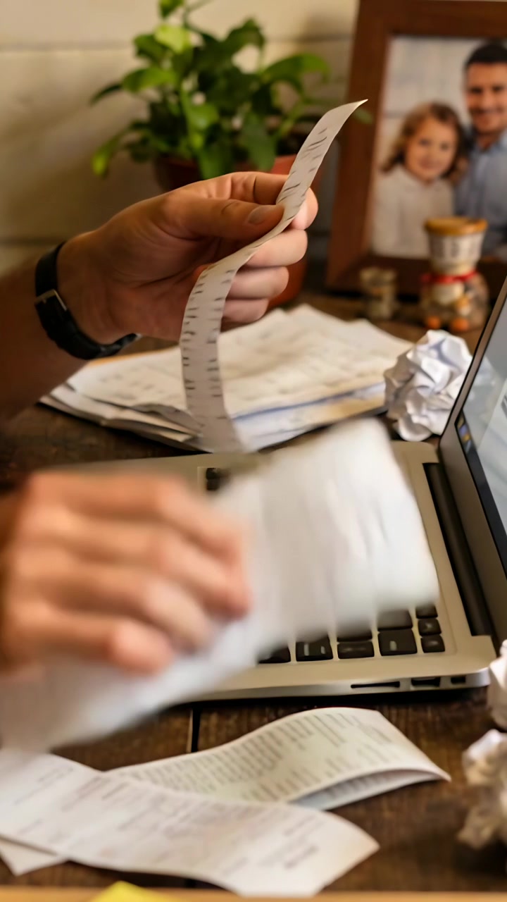 Video verticale: Sollevando una lunga ricevuta, mani che scansionano e digitano importi su un tavolo di casa, con un laptop.