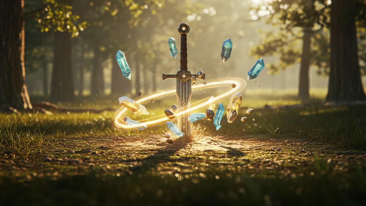 A Glorious Sword Emerges Amidst Enchanted Crystals and Mystical Light in a Serene, Lush Forest Setting, Capturing the Essence of Adventure and Fantasy