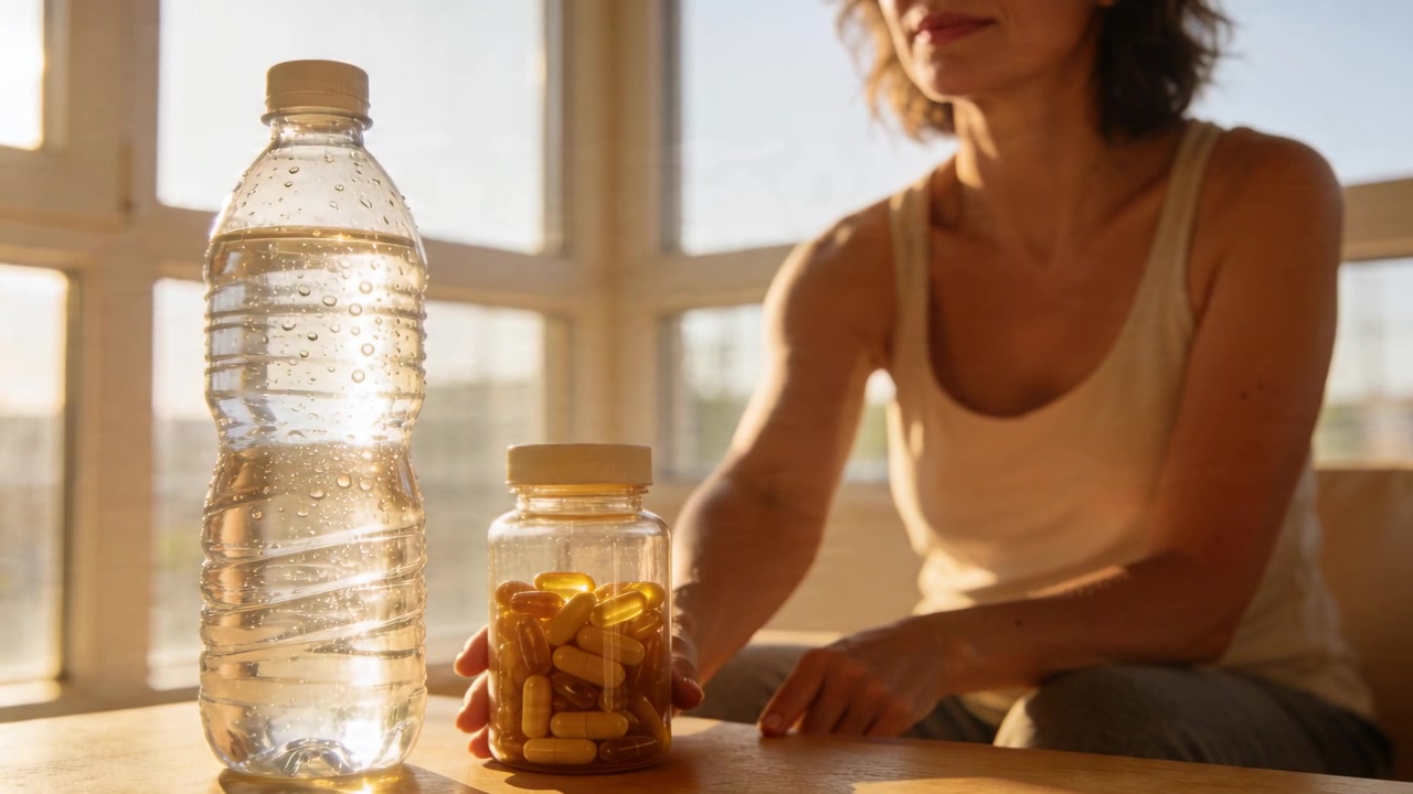 Noticing pill jar, middle-aged woman in sleeveless top reaching, pulling jar closer at sunlit table