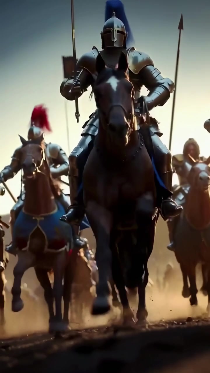 Cavaleiros Blindados a Cavalo Carregando para a Batalha ao Pôr do Sol
