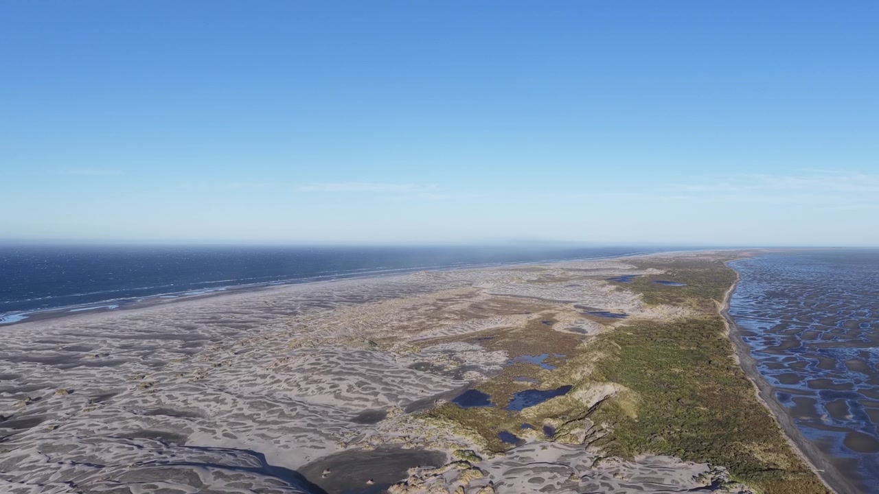 Vista aerea - vasta penisola sabbiosa di Farewell Spit con pozze umide e vegetazione che si estende lungo la costa oceanica in Nuova Zelanda