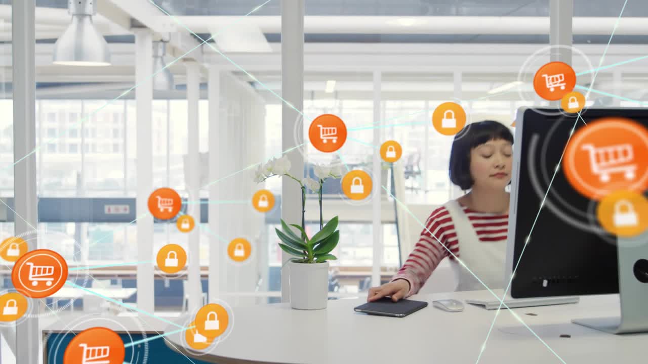 Retail woman tapping tablet, causing shopping and lock icons expanding across store, securing sales