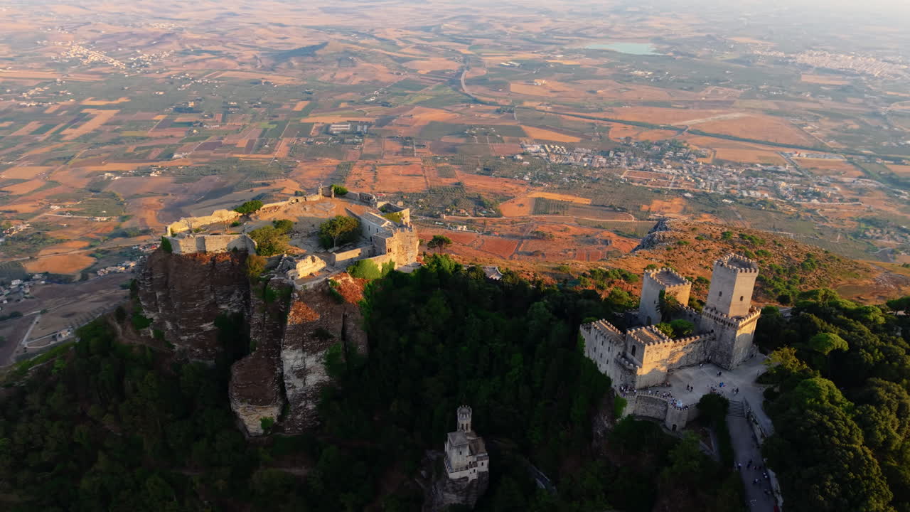 Medieval Castle of Venus, Castle of Balio And Torretta Pepoli In Monte Erice, Sicily, Italy. - aerial shot