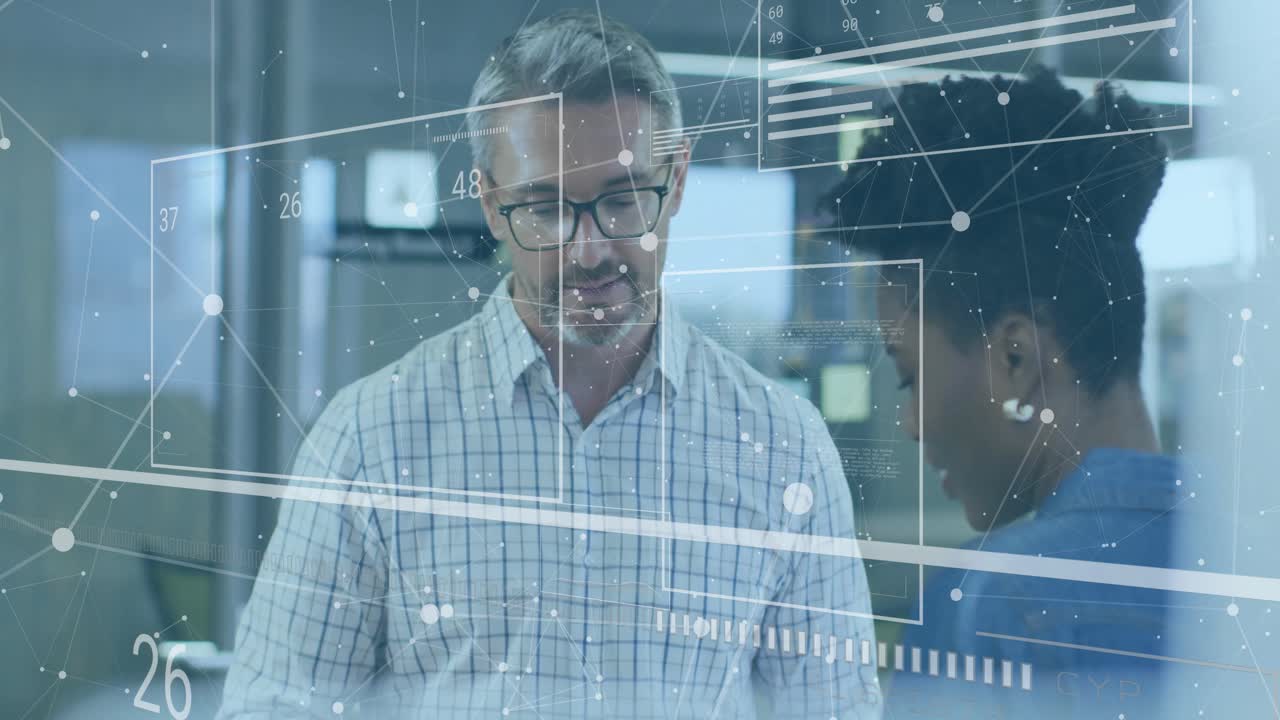Floating boxes starting finance data update as man explaining figures on transparent UI for review