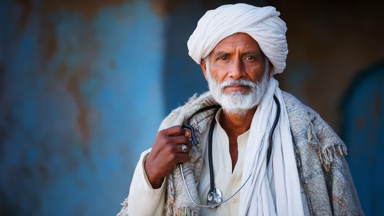 A dignified elderly man with a traditional turban and a stethoscope around his neck, embodying the essence of wisdom and experience in the field of healthcare and compassion