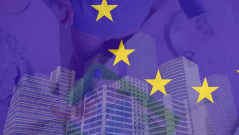 animation of flag of eu over diverse volunteers segregating waste