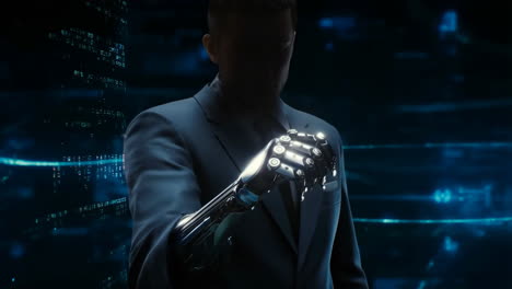 cyborg with bionic arm in a futuristic digital environment