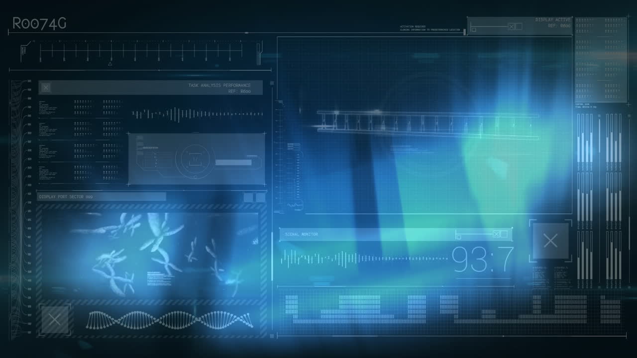 다양한 데이터와 함께 검은 디지털 화면에서 움직이는 불빛의 애니메이션