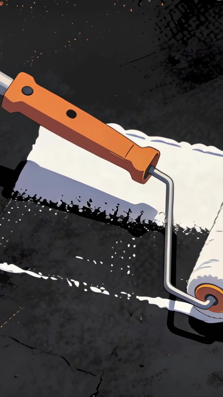 Vertical video: Pressing foam roller depositing wet white stripe on cracked roof, orange handle
