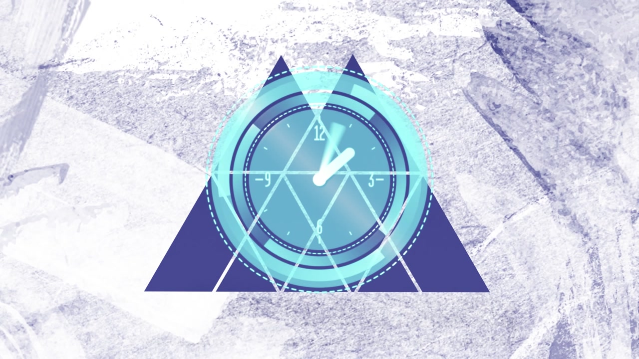 Animation of neon ticking clock over abstract triangular shape against grunge grey background