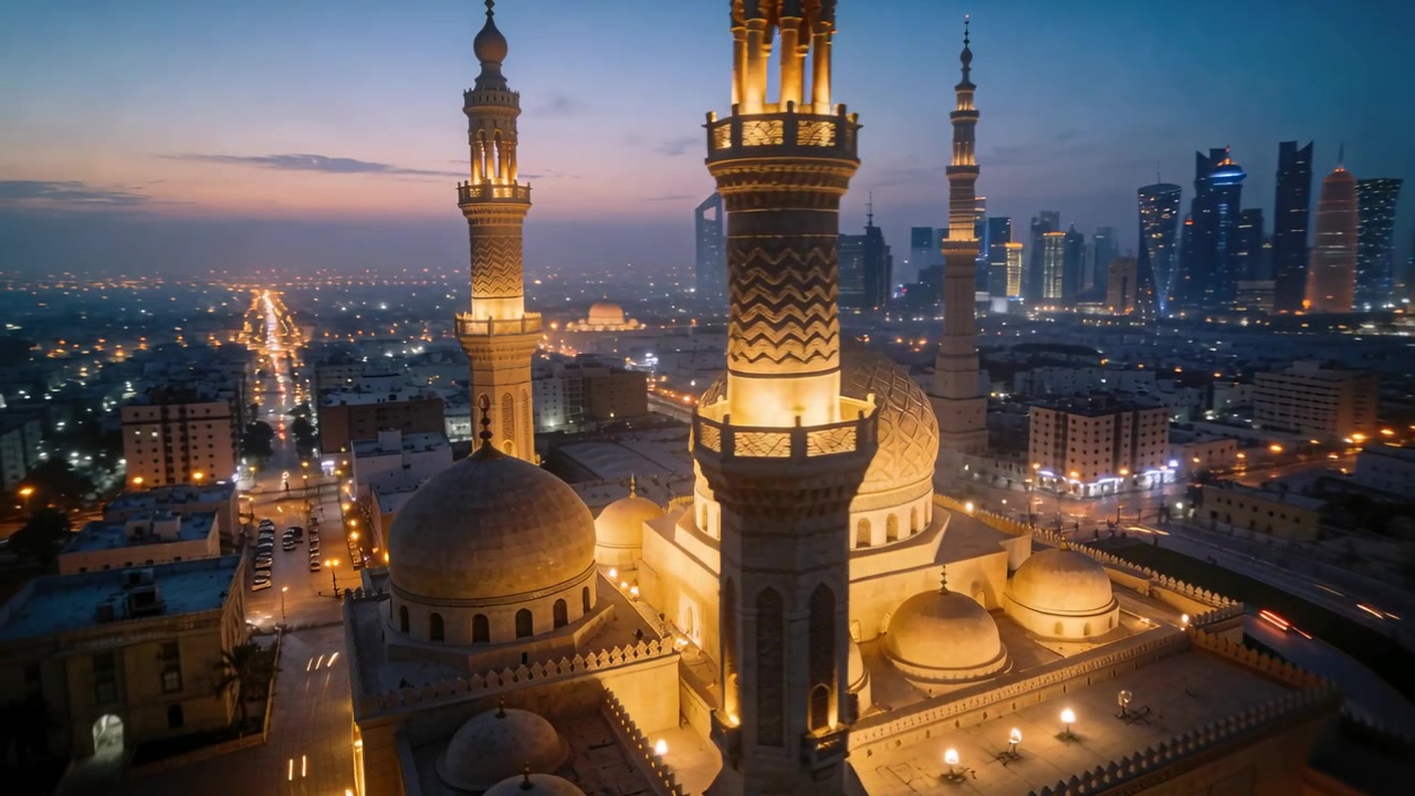 Telecamera drone in panoramica che rivela una grande moschea al crepuscolo urbano, mostrando cupole, minareti illuminati e luci della città.