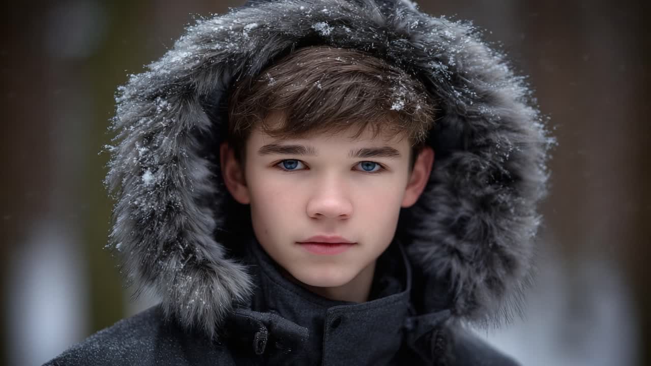 A young man with captivating blue eyes wearing a fur-lined hooded coat against a snowy backdrop, conveying a sense of winter's serene beauty and introspective atmosphere