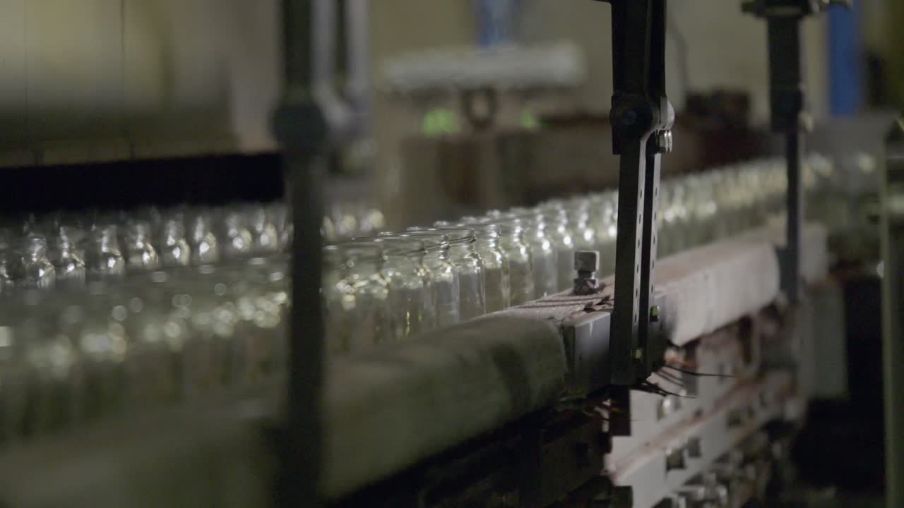 Lot Of Glass Jars Moving Line In Glass Production Factory, Automated Process