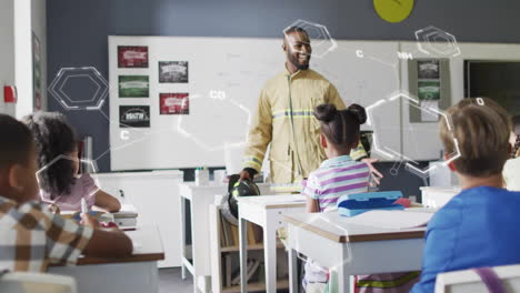 animation of chemical formula over diverse schoolchildren learning with male teacher in classroom