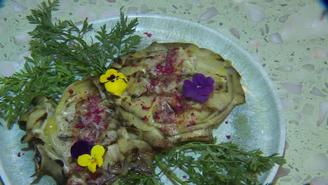 grilled artichoke hearts with edible flowers