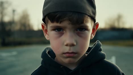 a young boy wearing a cap and hoodie looks seriously into the camera