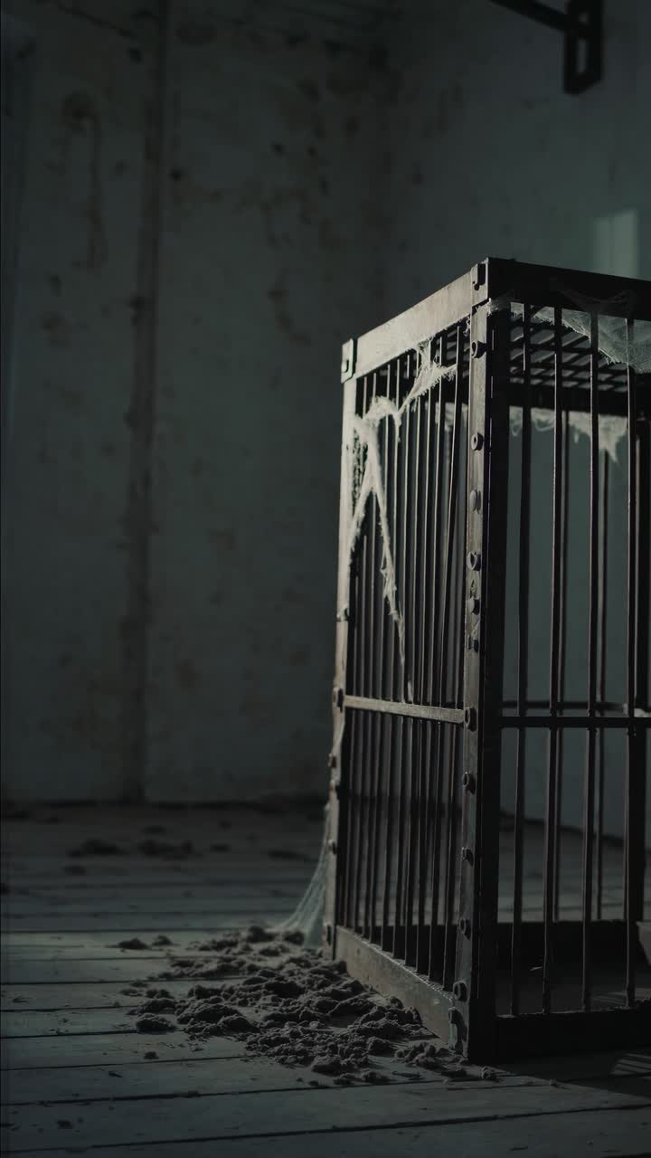 A dimly lit video frame shows an old, cobwebbed cage in a corner, shot from a low angle