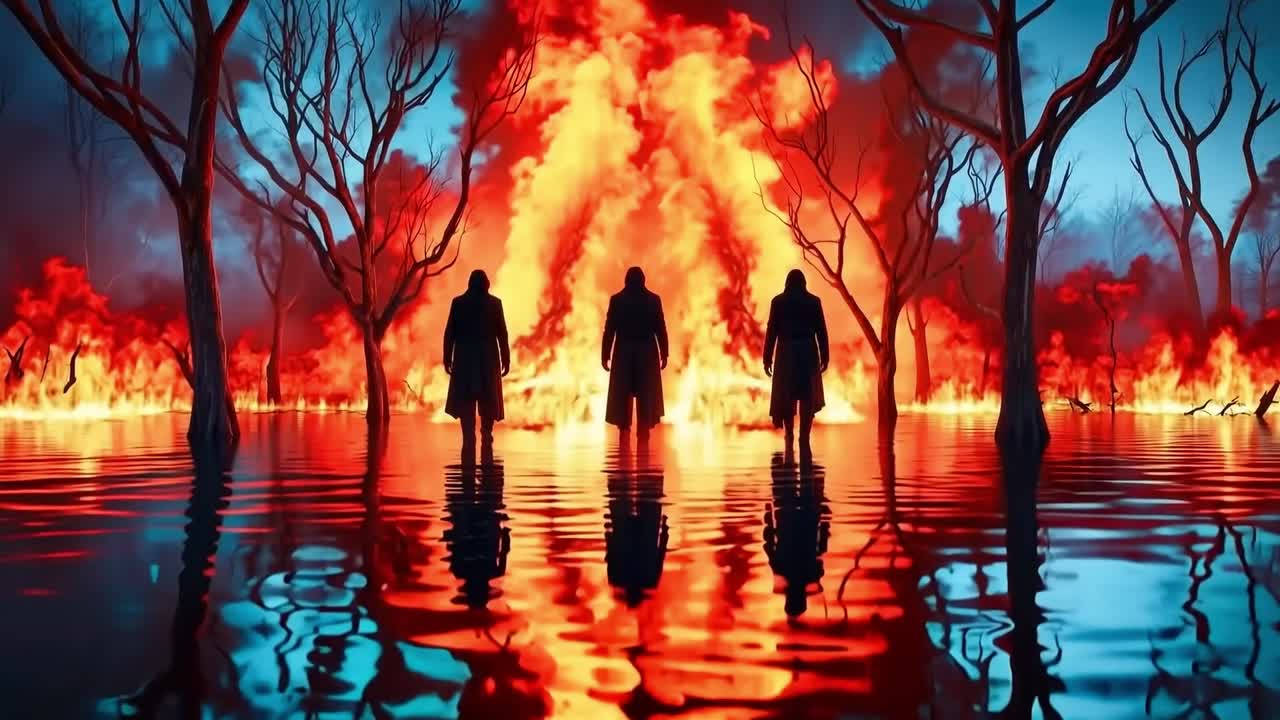 숲 한가운데 에 있는 불 앞 에 서 있는 사람 들 의 집단