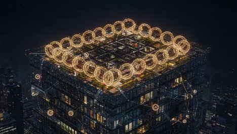 a stunning aerial view of a modern rooftop with enchanting ring lights illuminating a cityscape at night, showcasing architectural brilliance and urban design