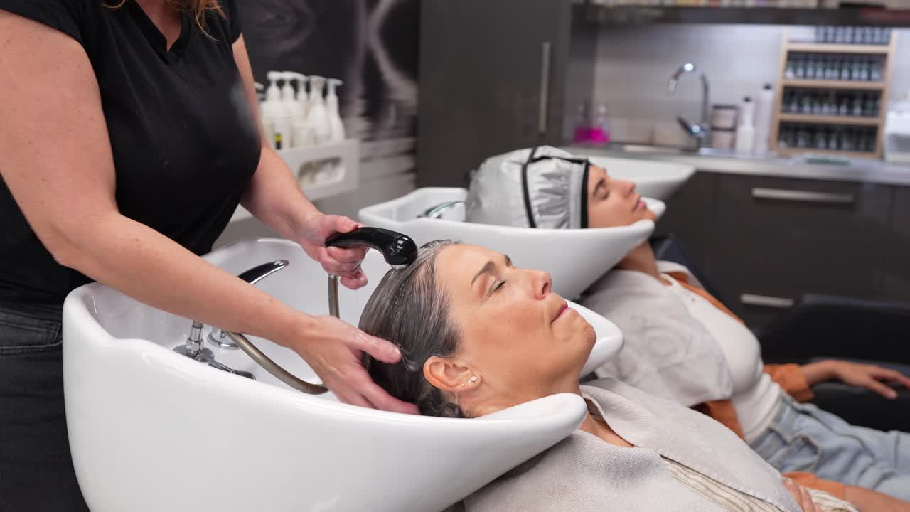 Hair Stylist Washing a Woman's Hair at a Modern Salon