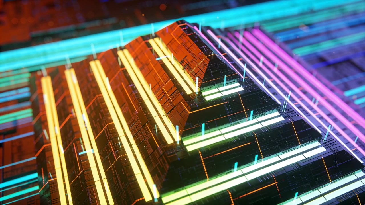 Opening frame starting camera panning, tilting, revealing modular pyramid in-studio with cyan posts