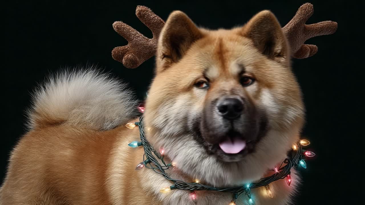 A Festively Adorned Dog with Antlers and Colorful Lights: A Playful Representation of Holiday Cheer and Adorable Pet Personalities
