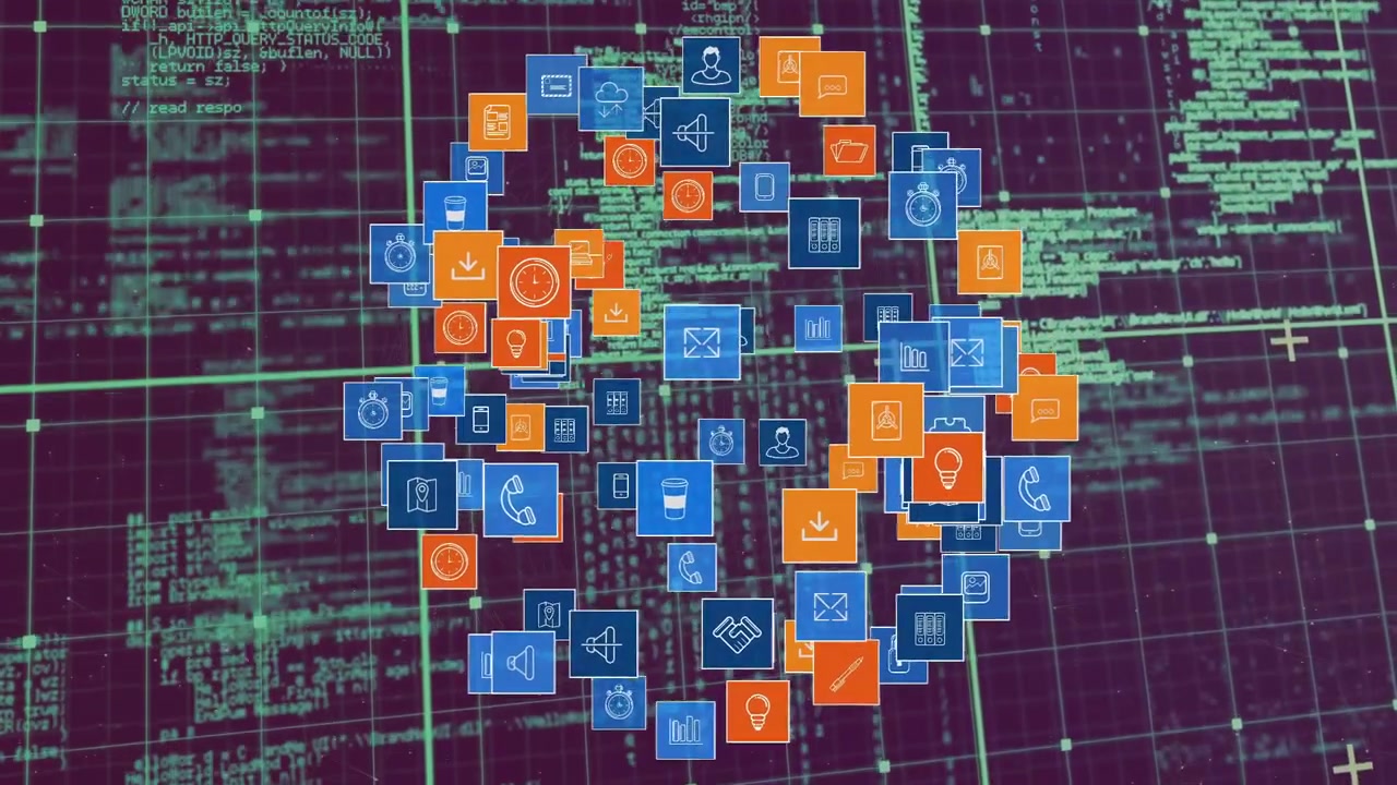 Blue orange app-icon cluster appearing on load, expanding into rings, moving forward, showing data