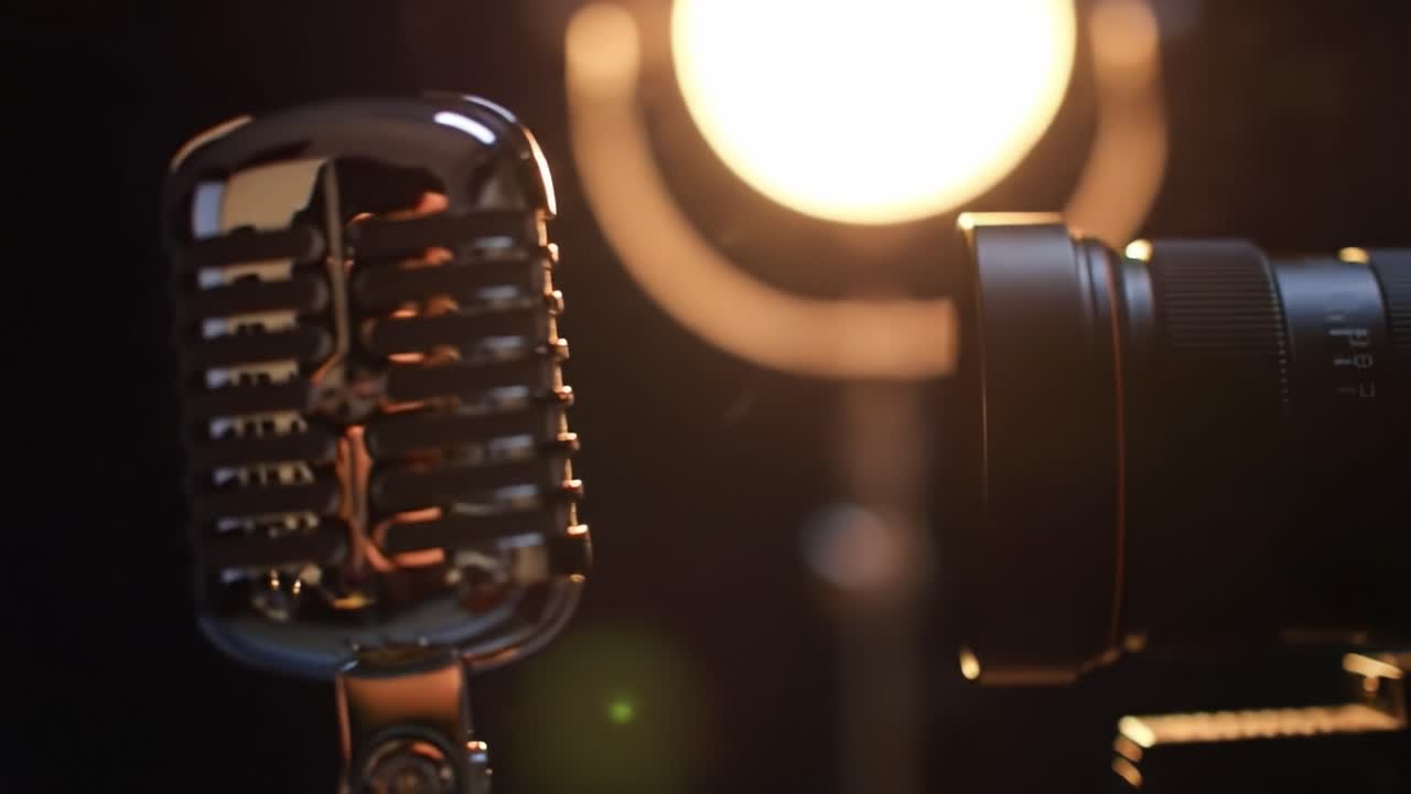 A camera focuses on a vintage microphone with warm lighting illuminating a cozy music venue. Musicians prepare for a live performance in the background, creating an inviting atmosphere.