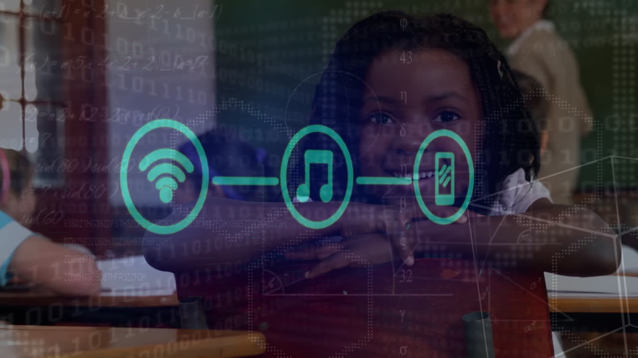 Animation of application icons and binary code over smiling african american girl in classroom