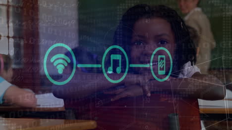 animation of application icons and binary code over smiling african american girl in classroom