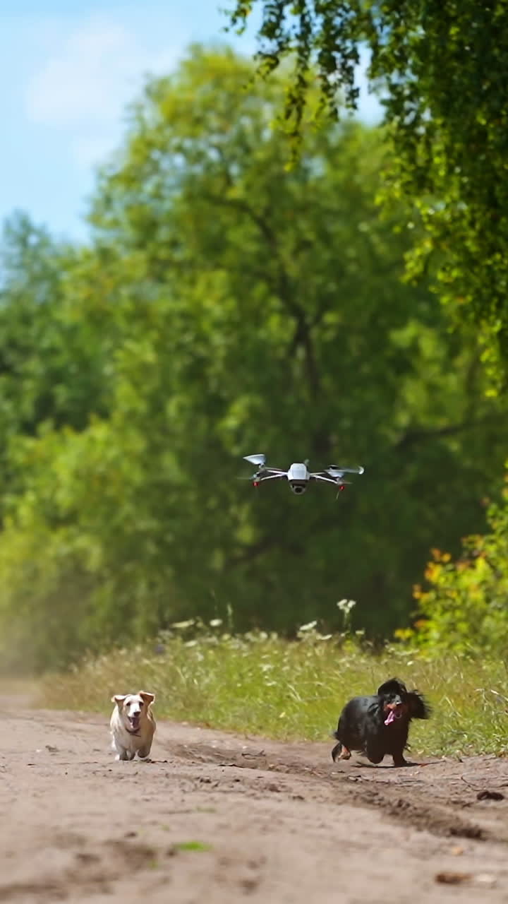 Adorable dogs running. Drone flying over the pet animals among green nature. Active domestic dogs walking outdoors happily. Vertical video
