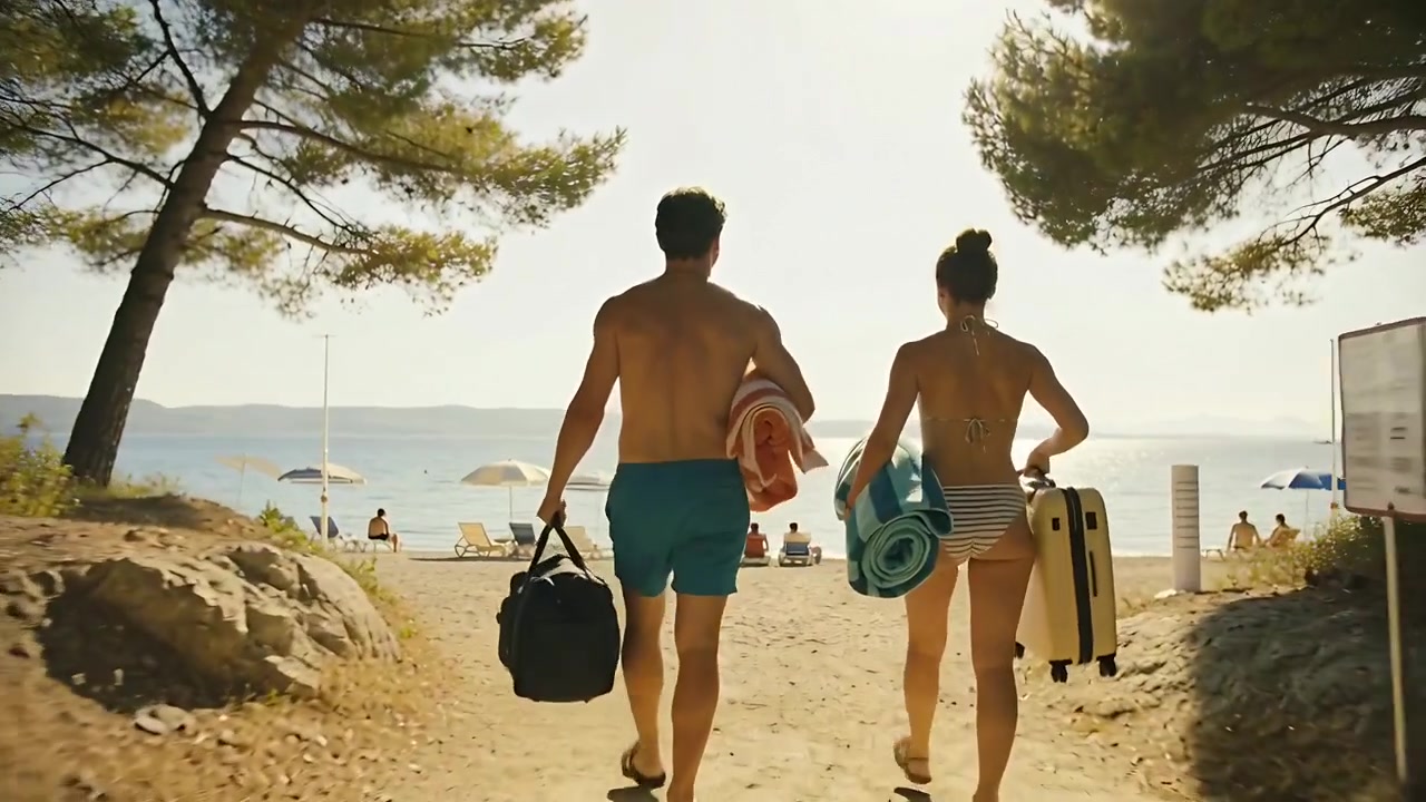Coppia che cammina, alberi che si aprono rivelando sabbia, trasportando borsa, stuoie, custodia gialla in costume da bagno per allestire.