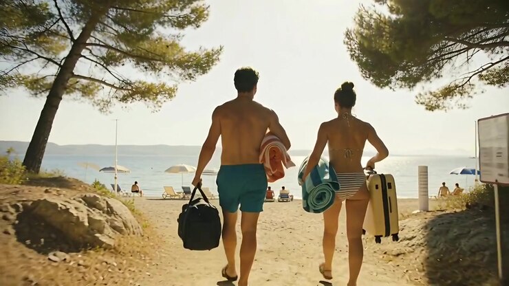 Coppia che cammina, alberi che si aprono rivelando sabbia, trasportando borsa, stuoie, custodia gialla in costume da bagno per allestire.