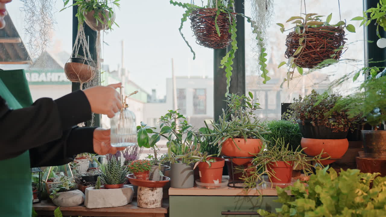 Florista branca arrumando uma exposição na janela, uma mulher loira de avental verde compondo um arranjo em vaso no balcão, aparando caules e adicionando fita. Cestos suspensos e vasos de terracota emolduram o cenário urbano.