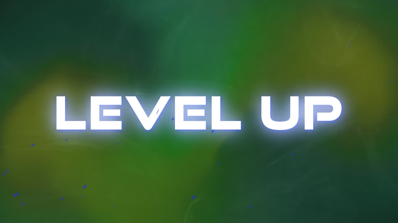 Animation of level up text over moving green background