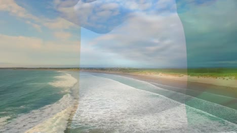 animation of flag of nigeria waving over beach landscape, cloudy blue sky and sea