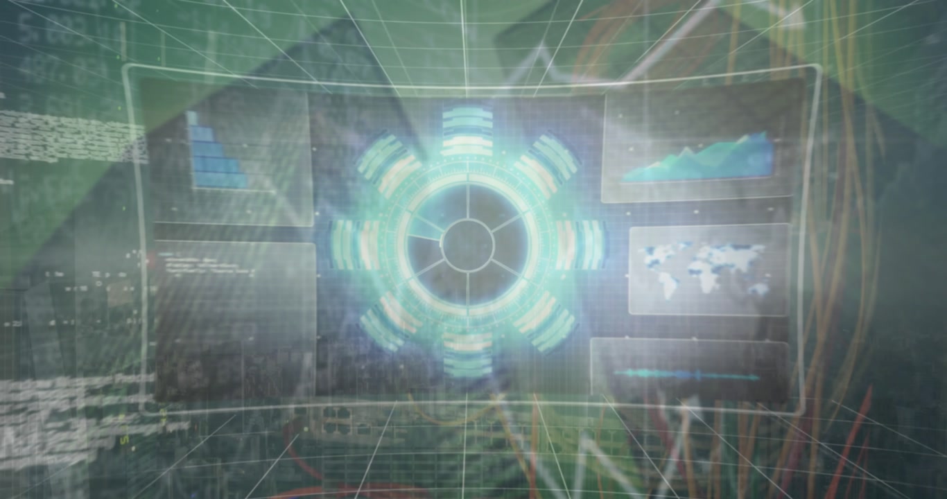 Animation of financial data processing over cityscape