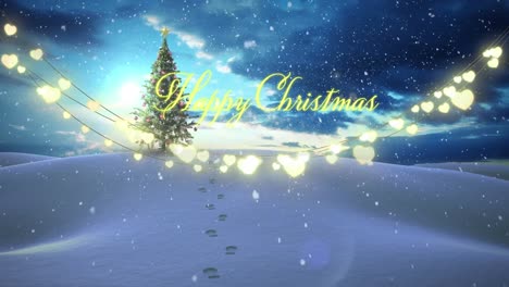 Este-Vídeo-Presenta-Una-Animación-Digital-De-Un-árbol-De-Navidad-Cubierto-De-Nieve-En-Un-Paisaje-Invernal.
