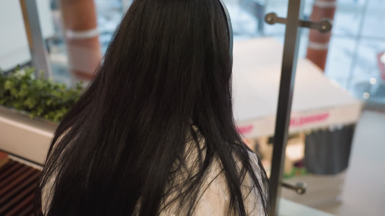 Girl with long black hair wearing headphones and holding phone, standing by glass railing inside shopping mall, engaged in conversation while overlooking lower level with blurred storefronts