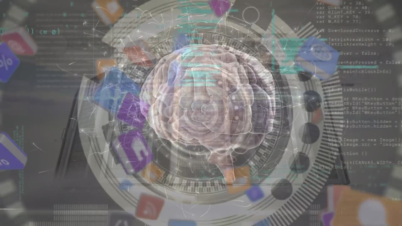 animación de cerebro giratorio y libros con iconos de tecnología sobre procesamiento de datos y servidores