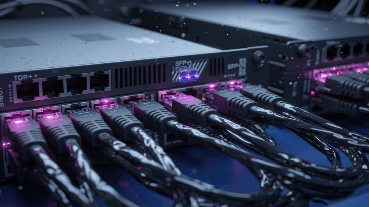 A close-up view of advanced electronic equipment featuring illuminated connectors and high-tech networking cables inside a cool, darkened environment with water droplets.