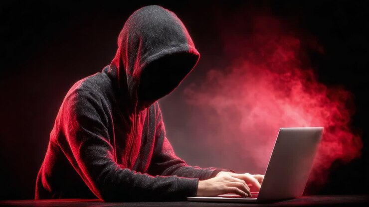 Una figura misteriosa con una felpa con cappuccio è intensamente concentrata sul proprio laptop, circondata da un bagliore rosso intenso, incarnando l'essenza del cyber-intrigo e della segretezza digitale