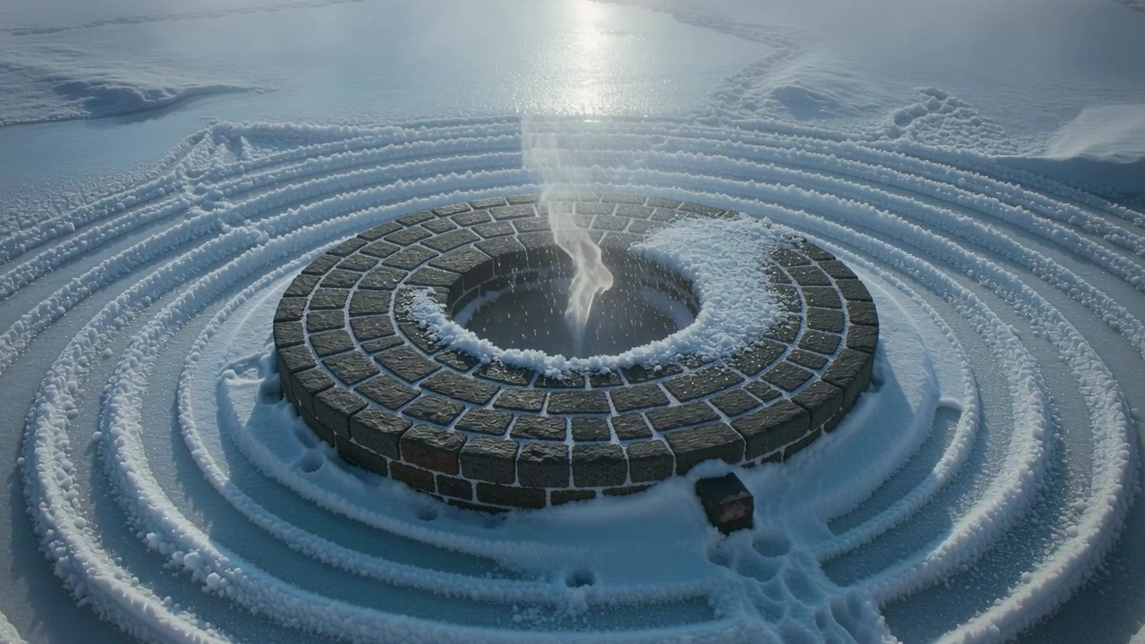 Emitting bricked ring sending vapor from center hole on snow field, sun glinting, dark box resting